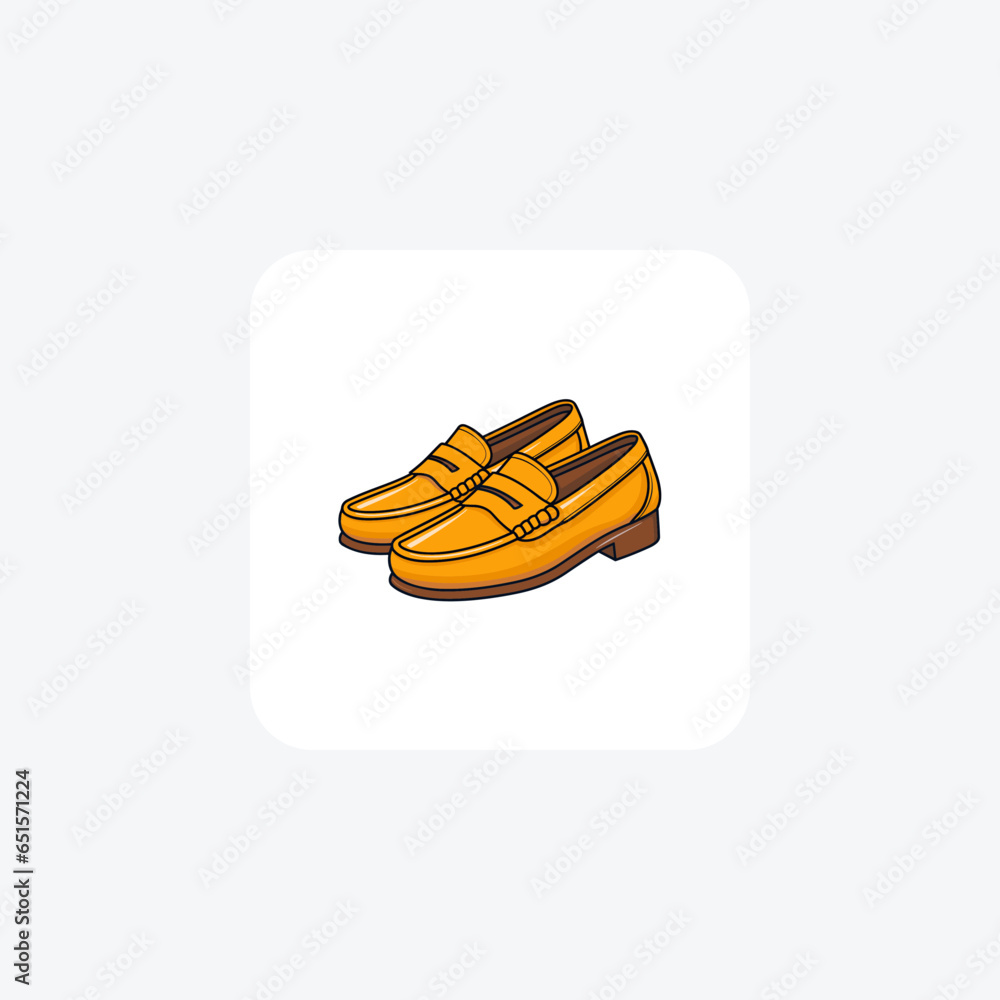 Fototapeta premium Golden Penny Loafer Moccasin Shoes and footwear Flat Color Icon set isolated on white background flat color vector illustration Pixel perfect