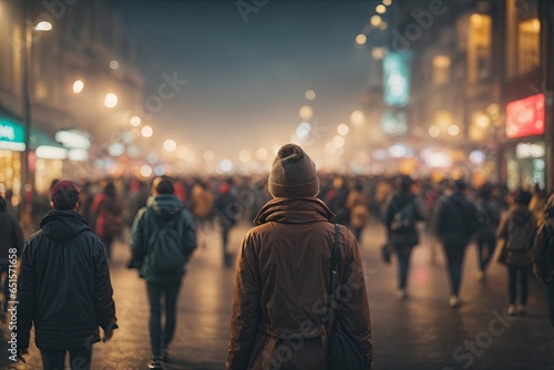 Blurred crowd of people back view street style. ai generative