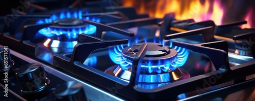 Detail view on kitchen gas cooker with blue flame on while cooking, banner panorama. Generative Ai.