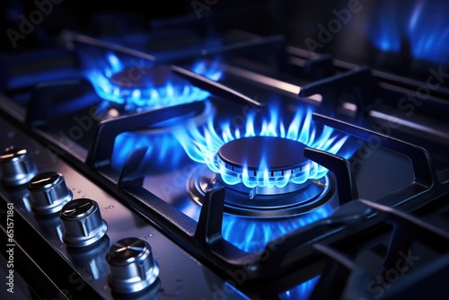 Detail view on gas cooker with blue flame on while cooking in the kitchen interior. Generative Ai.