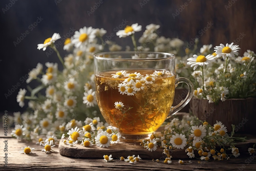 Herbal tea with fresh chamomile flowers. ai generative