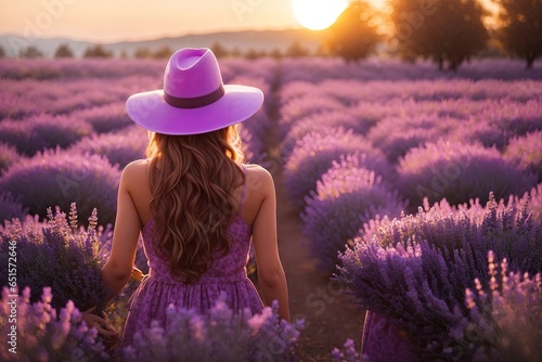 Happy woman back view with hat walking through the purple flowers field. ai generative