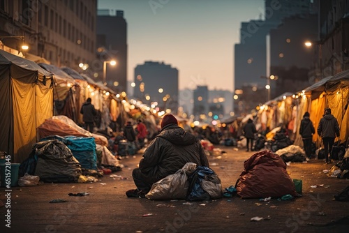 A city with tents and garbage There are poor homeless. ai generative