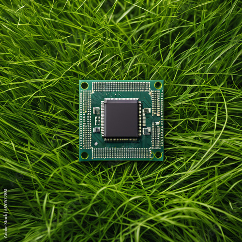 electronic circuit board with processor lying on grass