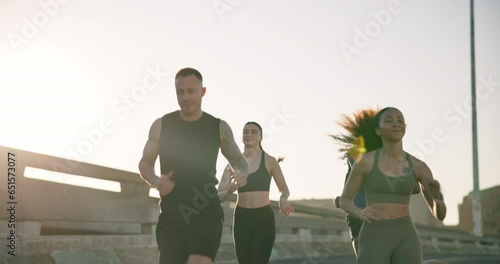 People, fitness and running in city for workout, outdoor exercise or training together in urban town. Group of active runners or athlete in sprint, cardio or sports for marathon, race or practice