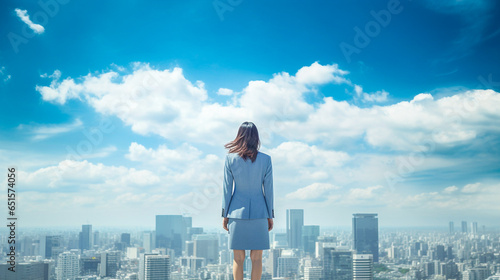 青空の下の都市を眺めるビジネスウーマン