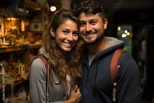 Happy couple smiling in front of the shelves of a small store