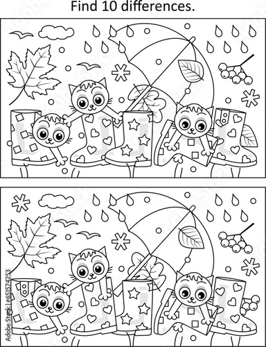 Autumn kittens difference game and coloring page activity
