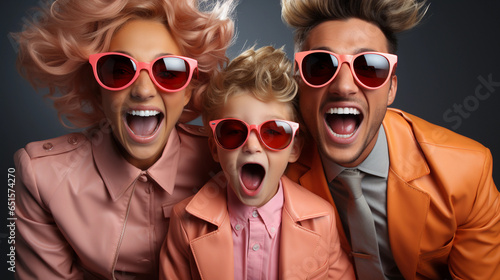 Happy emotionally fashionable family with the sun glasses. Family look.