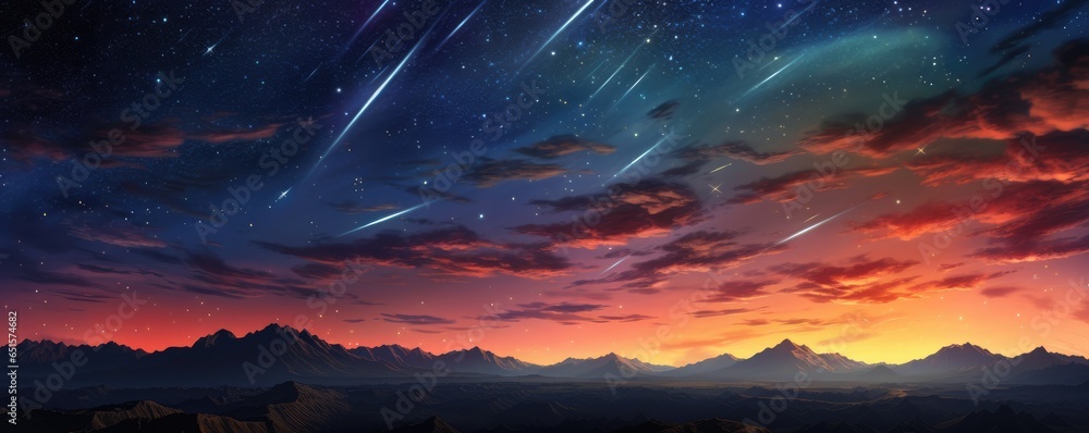 Fototapeta premium Landscape view on falling stars perseids, clear dark night sky, panorama banner. Generative Ai.