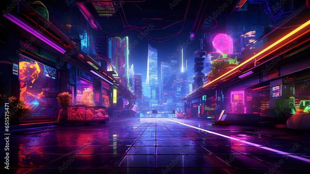 Neon night city of the future, 3D  cityscape, ai generative