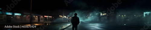 Cinematic photo. A man looks at the city at night. Fog, smoke.
