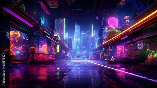 Neon night city of the future, 3D cityscape, ai generative