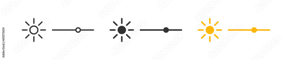 Bright level icon. Screen light symbol. Contrast bar signs. UI phone symbols. Brightness setting icons. Black, yellow color. Vector sign. Bright level icon. Screen light symbol. Contrast bar signs. UI phone symbols. Brightness setting icons. Black, yellow color. Vector sign.