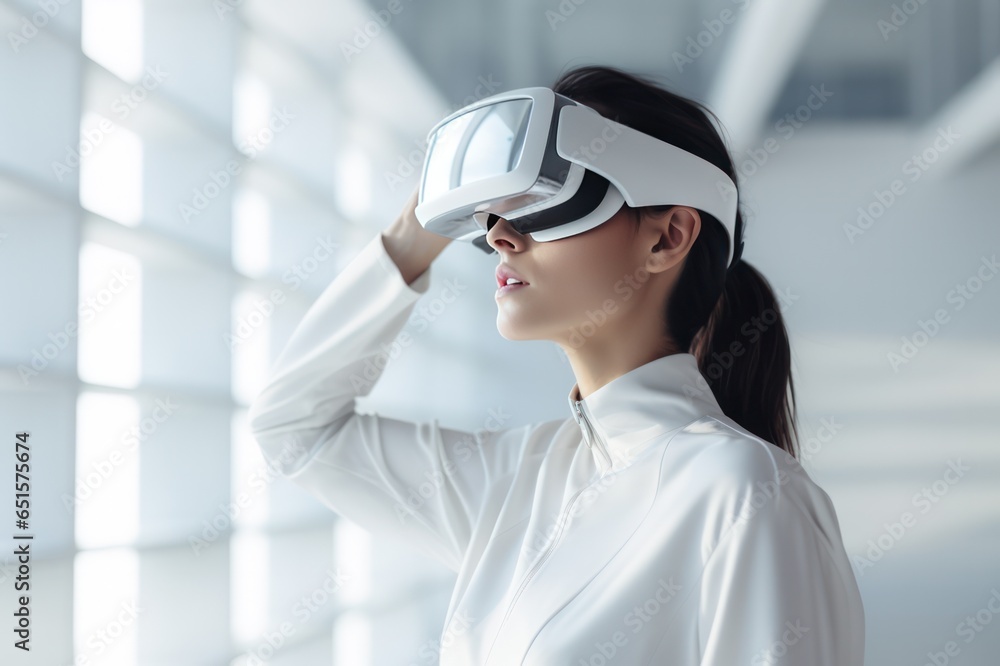 Caucasian woman wearing virtual reality headset in minimal white interior of modern office. Clean futuristic vision. Augmented reality and future business development concept. Caucasian woman wearing virtual reality headset in minimal white interior of modern office. Clean futuristic vision. Augmented reality and future business development concept.