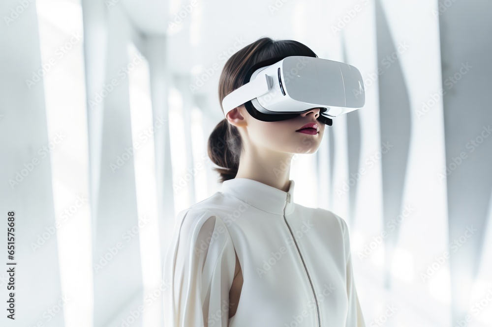 Caucasian woman wearing virtual reality headset in minimal white interior of modern office. Clean futuristic vision. Augmented reality and future business development concept.