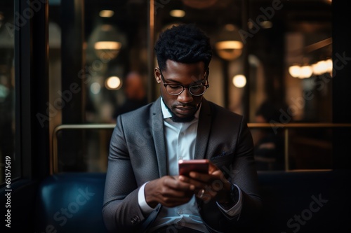 African American guy using mobile phone. Black man texting on smartphone or posting on social media