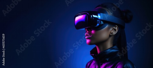 African American woman wearing virtual reality headset neon blue colors horizontal website banner copy space leftt. Diverse girl in VR glasses. Augmented reality and futurist technology concept. © Dina