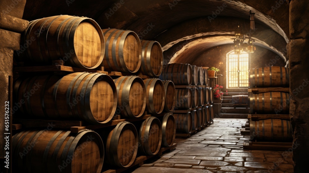 Wine barrels in wine vaults in wine cellar background.