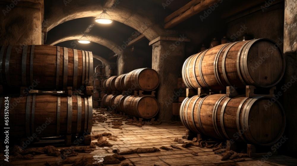 Wine barrels in wine vaults in wine cellar background.