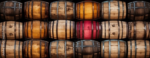 Wine barrels in wine vaults in wine cellar background. photo