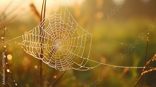 Spider web with droplets of water. Wet grass before sun raise. Natural background. Generative AI