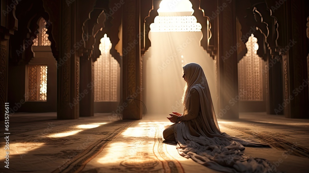 Religious Muslim woman praying in a church