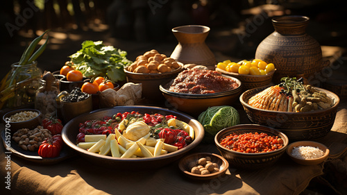 Traditional African cuisine delicacies, couscous, chicken, vegetables, hot spices and more photo