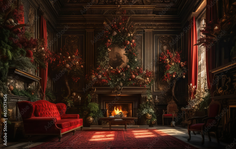 Classic living room with fireplace created with Generative AI technology