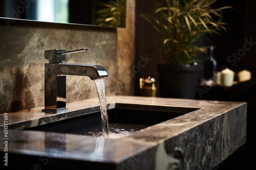 water flowing from faucet in eco boho style bathroom hotel interior. Spa and washing and hygiene concept.