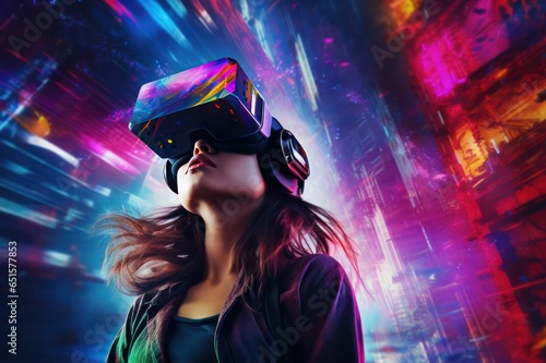 woman in virtual reality headset with augmented neon universe around