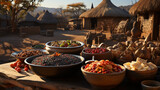 Traditional African cuisine delicacies, couscous, chicken, vegetables, hot spices and more