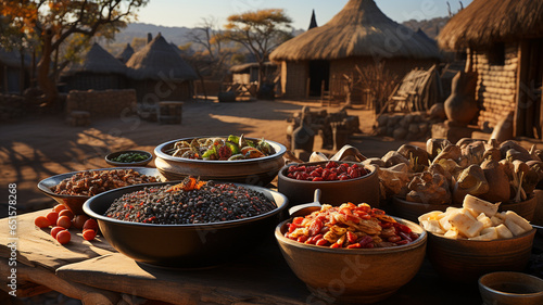 Traditional African cuisine delicacies, couscous, chicken, vegetables, hot spices and more