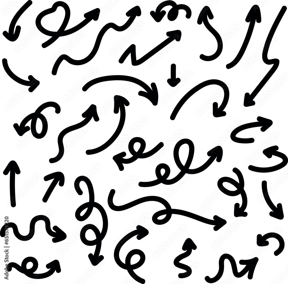 Collection hand drawn doodle arrows. Set simple black arrows isolated on white background. Arrow mark icons. Collection hand drawn doodle arrows. Set simple black arrows isolated on white background. Arrow mark icons.
