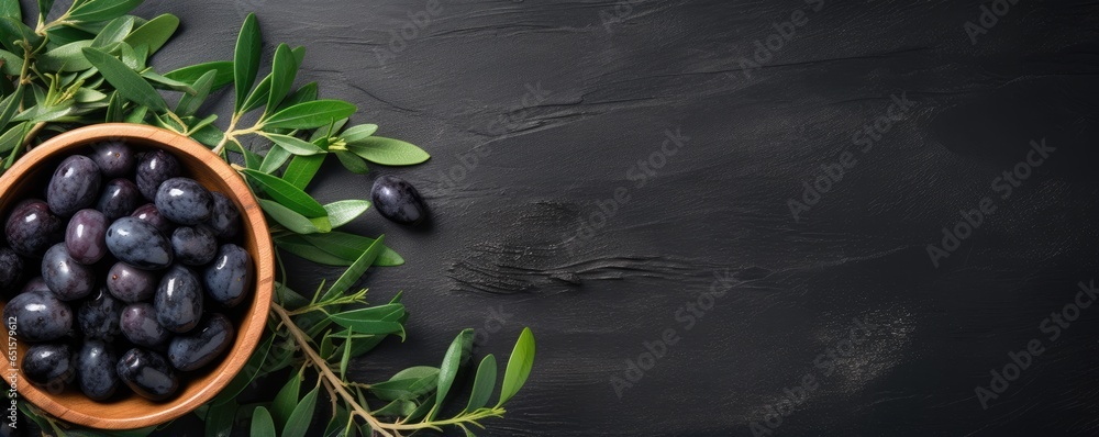 Fototapeta premium Many fresh and ripe black olives in wooden bowl, healthy food panorama banner. Generative Ai.