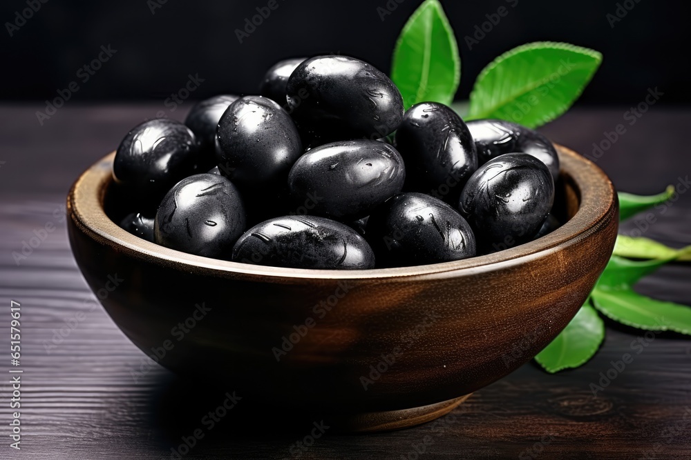 Many fresh and ripe black olives in wooden bowl, healthy food concept. Generative Ai. Many fresh and ripe black olives in wooden bowl, healthy food concept. Generative Ai.