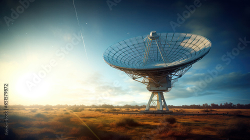 Huge parabolic satellite antenna for TV and radio broadcasting. Signal transmission into deep space