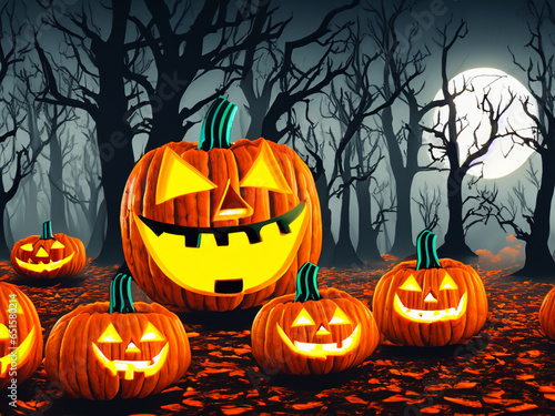 Halloween background. Spooky pumpkin in the forest.  copy space