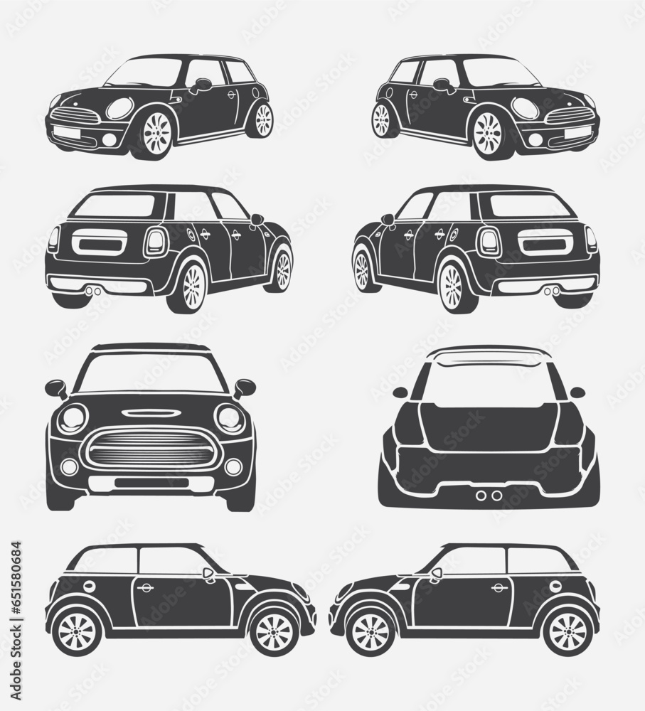 Sports car silhouette on a white background. Vehicle icons set view from side, front, back, car vector, car and top