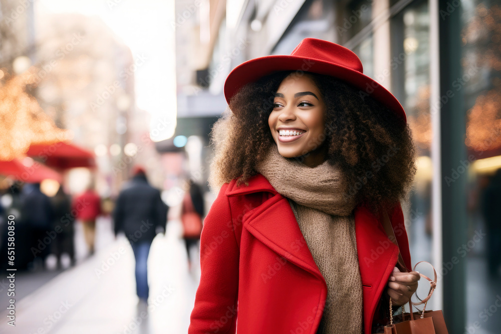 Smiling woman with red coat and handbag, enjoying a day of shopping, concept black friday