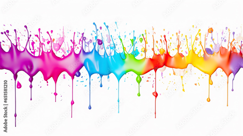 Abstract colorful paint splash, small dots dripping and smearing down, isolated on white background.