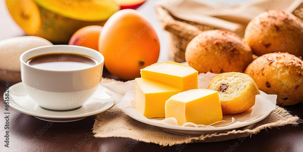 Traditional Brazilian breakfast - cheese bread, coffee and ripe fruit. Generative AI