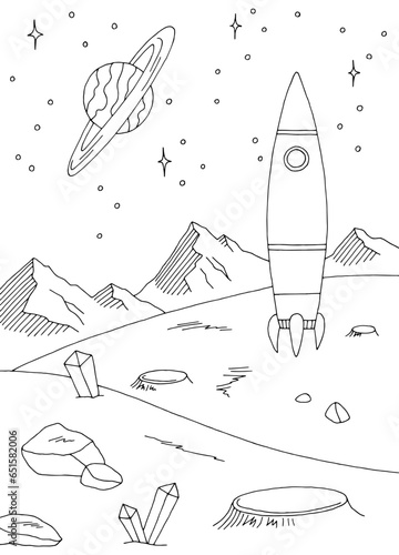 Rocket landed alien planet graphic black white space landscape sketch vertical illustration vector 