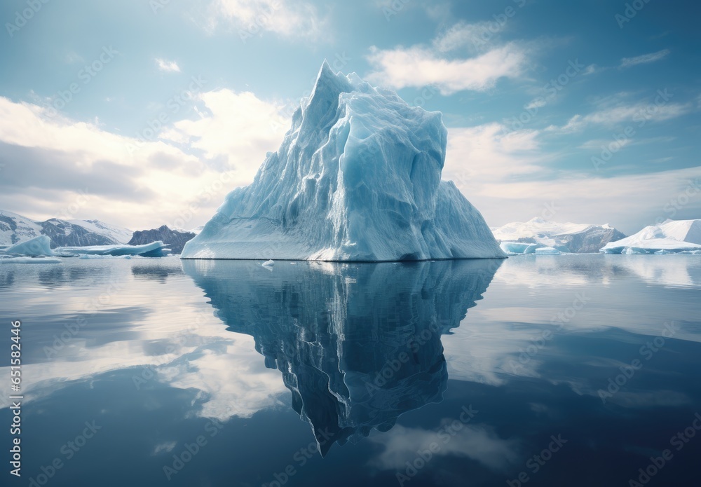 Iceberg in clear blue water and hidden danger under water. Floating ice in ocean. Arctic nature landscape. Affected by climate change. Hidden danger and global warming concept