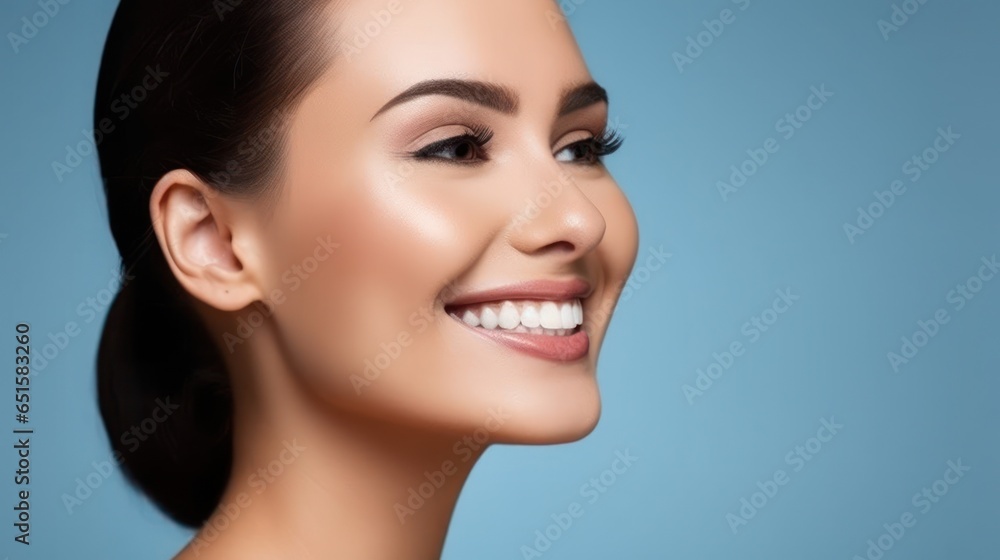 Obraz premium Beautiful wide smile of healthy woman, white teeth close up, dentist tooth whitening