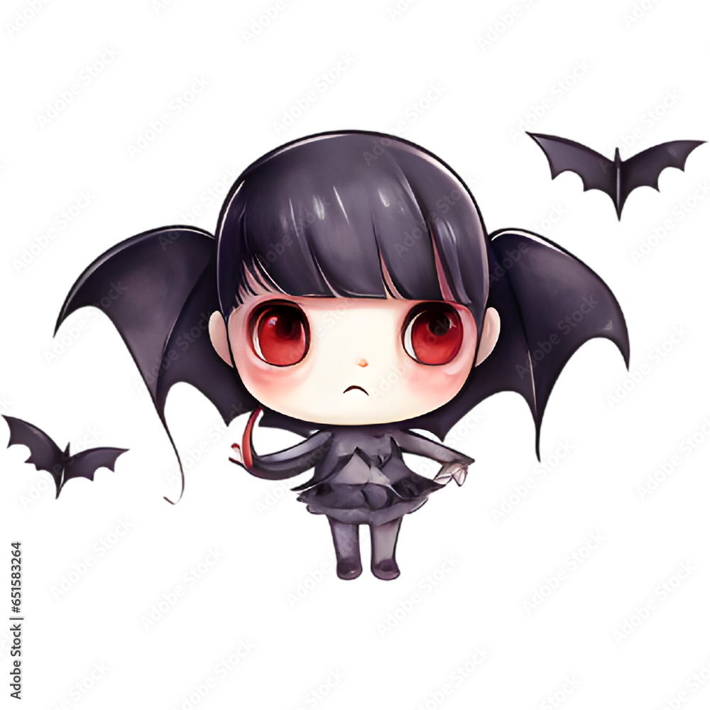 Fototapeta premium Small gray dress and gray hair with bat Halloween Little Vampires illustration