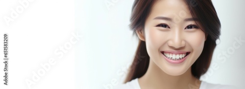 Beautiful wide smile of healthy woman, white teeth close up, dentist tooth whitening