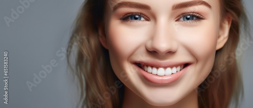 Beautiful wide smile of healthy woman, white teeth close up, dentist tooth whitening