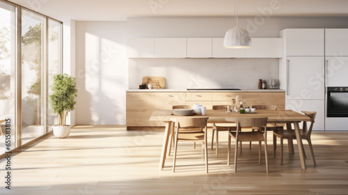 Scandinavian Culinary Oasis A kitchen and dining area integrated into the living space, featuring modern appliances, a Scandinavian dining table, and minimalist design elements © Textures & Patterns