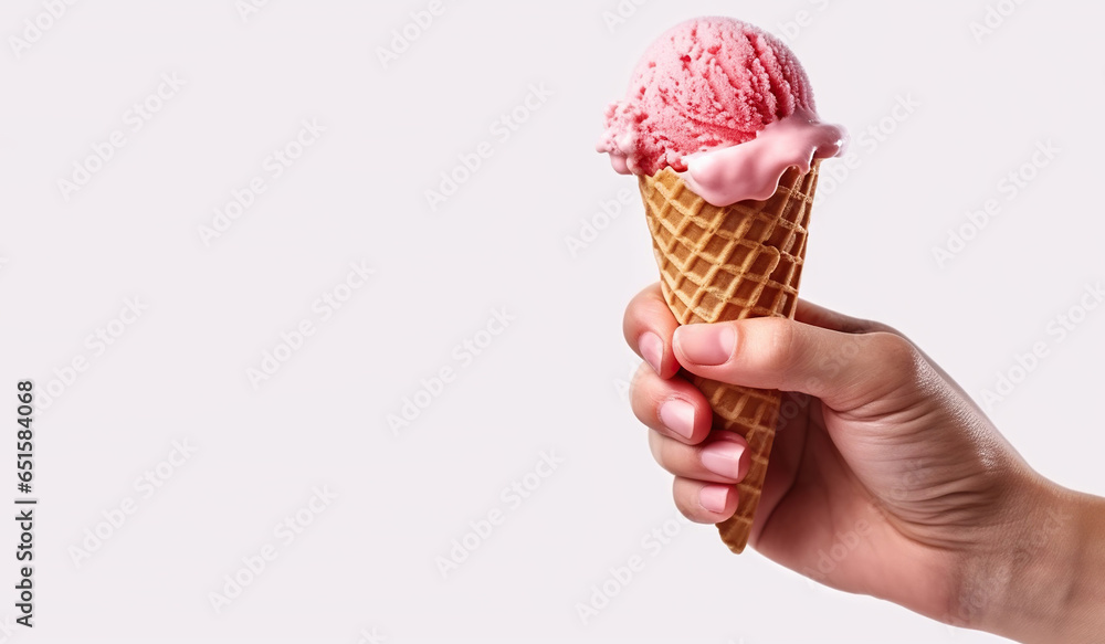 Hand with Strawberry Ice Cream on white isolation. Generative AI Hand with Strawberry Ice Cream on white isolation. Generative AI